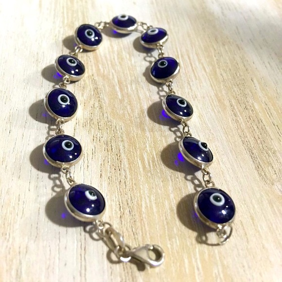 GENUINE STERLING SILVER 925 & DEEP DARK BLUE EVIL EYE PROTECTION BRACELET 7.5" - Picture 2 of 4